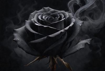 The primary subject of the image is a black rose. The setting is a dark, foggy environment, creating a mysterious and dramatic atmosphere. The visual style is a close-up of the rose, emphasizing its details and texture. The dominant colors are black and grey, with the rose being the main focus of the image.