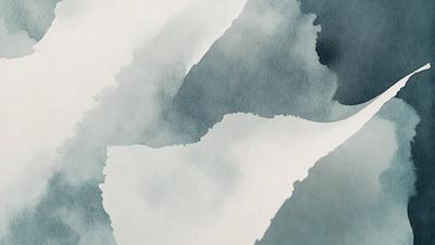 The primary subject of the image is a painting of a mountain. The setting is a cloudy sky, and the visual style is a watercolor painting. The dominant colors are shades of blue and gray, creating a moody and dramatic atmosphere.
