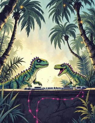 The image features two dinosaurs, specifically two green and yellow alligator-like creatures, standing next to each other in a lush, tropical environment. They appear to be engaged in a conversation, possibly discussing their surroundings or sharing a moment of connection. The scene is set in a jungle, with palm trees and other vegetation visible in the background. The visual style of the image is a combination of digital art and illustration, creating a vibrant and engaging atmosphere.