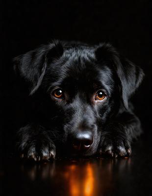 The primary subject of the image is a black dog with a sad look on its face. The dog is laying on a table, possibly a dining table, with its head resting on its paws. The setting appears to be indoors, with a dark background that emphasizes the dog's expression. The visual style of the image is a close-up of the dog, capturing its emotions and features. The colors in the image are predominantly black and white, giving the scene a moody and dramatic