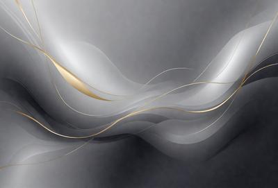 The primary subject of the image is a painting or digital artwork featuring a wave-like pattern. The setting is a gray background, which contrasts with the wave-like pattern. The visual style is a combination of photo and digital art, creating a unique and artistic representation of the wave. The dominant colors are gray and gold, giving the image a sophisticated and elegant appearance.