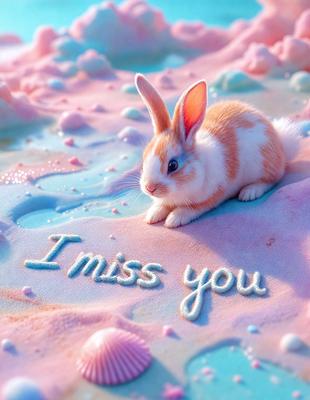 The primary subject of the image is a small, cute bunny sitting on a pink and white surface. The setting appears to be a playful, colorful environment, possibly a digital art or illustration. The visual style is a combination of photo and digital art, creating a whimsical and delightful atmosphere. The dominant colors are pink, white, and possibly some pastel shades, which contribute to the overall mood of the image.