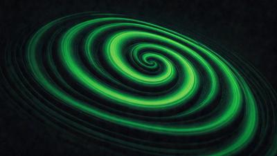The primary subject of the image is a spiral pattern, which is a green swirl. The setting is a dark background, and the visual style appears to be a digital art or illustration. The dominant colors are green, and the overall atmosphere is dynamic and visually appealing.