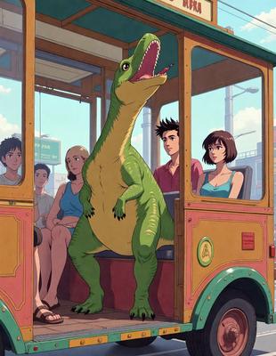 The primary subject of the image is a large green dinosaur, likely a T-Rex, standing on a bus and interacting with the passengers. The setting is a city street, with a bus and a traffic light visible in the background. The visual style is a combination of digital art and illustration, creating a unique and engaging scene. The colors are predominantly green, with some red and blue accents, giving the image a lively and energetic atmosphere.