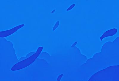 The primary subject of the image is a blue sky with a few white clouds. The setting is a clear day with no visible landmarks or objects. The visual style is a digital art or illustration, as the clouds are depicted in a stylized manner. The colors and mood of the image are predominantly blue and serene, creating a peaceful and calming atmosphere.