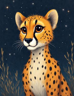 The primary subject of the image is a cute, small, and adorable cheetah, which is the main focus of the image. The setting is a nighttime scene with a starry background, creating a serene and peaceful atmosphere. The visual style is a digital art or illustration, showcasing the cheetah's unique features and characteristics. The colors and mood of the image are predominantly warm and inviting, with the starry background adding a touch of magic and wonder to the scene.