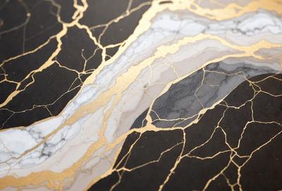 The primary subject of the image is a marble-like surface with gold accents. The setting is a black background, which contrasts with the gold and marble elements. The visual style is a combination of digital art and illustration, creating a unique and eye-catching design. The colors and mood of the image are predominantly gold and black, giving it a luxurious and elegant appearance.