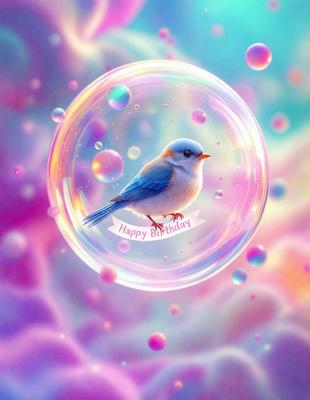 The primary subject of the image is a small blue bird perched on a pink bubble. The bird is sitting on top of the bubble, which is floating in a colorful, swirling background. The visual style of the image is a combination of digital art and illustration, creating a whimsical and playful atmosphere. The colors in the image are predominantly pink and blue, with the pink bubble and the blue bird being the main focus.