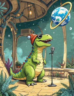 The primary subject of the image is a green and red dinosaur, likely a T-Rex, wearing a knitted hat and standing on a stage. The setting is a stage with a microphone, and the visual style is a comic or cartoon-like illustration. The colors are predominantly green and red, giving the image a lively and playful atmosphere.