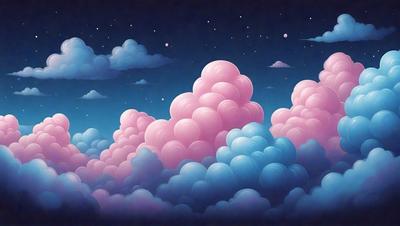 The primary subject of the image is a large, colorful cloud with a pink and blue hue. The cloud is floating in a dark sky, creating a dramatic and moody atmosphere. The setting is a nighttime sky, with the cloud being the main focus of the scene. The visual style of the image is a digital art or illustration, showcasing the artist's creativity and skill in depicting the cloud. The colors and mood of the image evoke a sense of mystery and wonder, as the