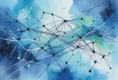 The primary subject of the image is a blue and white painting of a network of interconnected lines. The setting is a blue background, and the visual style appears to be a digital art or illustration. The dominant colors are blue and white, creating a calm and serene atmosphere.