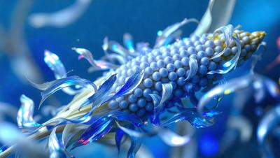 The primary subject of the image is a blue and white flower with a long stem. The setting is a blue background, which creates a vibrant and lively atmosphere. The visual style is a combination of photo and digital art, giving the image a unique and artistic appearance. The dominant colors are blue and white, which create a sense of calmness and tranquility.