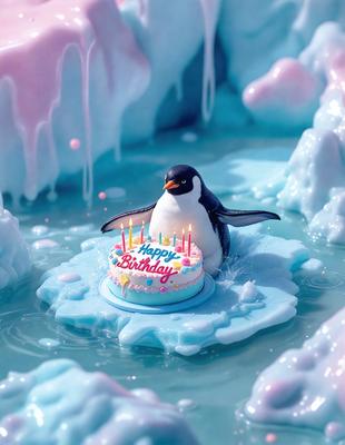 The primary subject of the image is a penguin sitting on a cake in the water. The setting is a frozen environment, with the penguin surrounded by ice and water. The visual style is a digital art or illustration, creating a whimsical and playful atmosphere. The colors are predominantly blue and white, reflecting the cold and icy environment.
