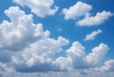 The primary subject of the image is a cloudy blue sky filled with numerous white clouds. The setting is a vast, open sky, and the visual style is a natural, outdoor scene. The colors and mood of the image are predominantly blue and white, creating a serene and peaceful atmosphere.