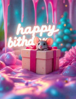 The primary subject of the image is a small mouse sitting inside a pink box. The mouse appears to be wearing a bow, adding a touch of cuteness to the scene. The setting is a pink background, which complements the mouse and the box. The visual style is a digital art, as the mouse and the box are depicted in a vibrant and detailed manner. The colors and mood of the image are predominantly pink, creating a warm and cheerful atmosphere.
