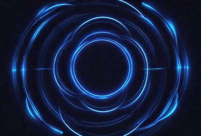 The primary subject of the image is a blue circle with a hole in the center. The circle is surrounded by blue lines, creating a visually striking and unique pattern. The setting appears to be a dark background, which further emphasizes the blue circle and its surrounding lines. The visual style of the image is a combination of digital art and illustration, giving it a modern and artistic appearance. The dominant colors in the image are blue and black, creating a sense of depth and contrast.