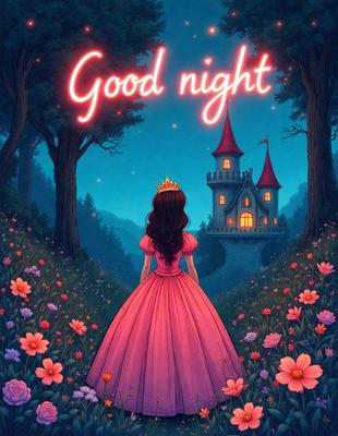 The primary subject of the image is a young girl wearing a pink dress, standing in a field of flowers. The setting is a nighttime scene with a castle in the background. The visual style is a digital art illustration, creating a whimsical and magical atmosphere. The dominant colors are pink and purple, with the flowers adding a touch of vibrancy to the scene.