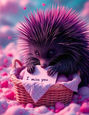 The primary subject of the image is a small, cute pink hedgehog holding a note that says "I miss you." The setting is a pink background, which adds to the overall mood of the image. The visual style is a combination of photo and digital art, creating a unique and adorable scene. The colors and mood are predominantly pink, which adds to the cuteness and warmth of the image.