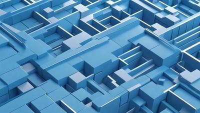 The primary subject of the image is a blue, three-dimensional grid pattern. The setting is a blue background, and the visual style appears to be a digital art or illustration. The colors and mood of the image are predominantly blue, creating a calm and serene atmosphere.