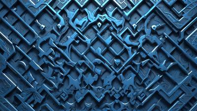 The primary subject of the image is a blue and black patterned wall. The setting is a room with a blue and black patterned wall. The visual style is a digital art or illustration. The dominant colors are blue and black, creating a moody atmosphere.
