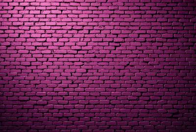 The primary subject of the image is a brick wall with a purple hue. The setting is a brick wall, and the visual style is a photo. The dominant colors are purple and pink, creating a moody and dramatic atmosphere.