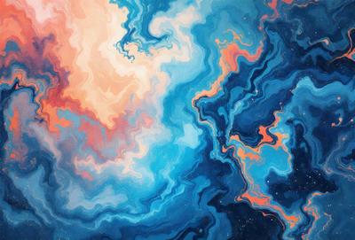 The primary subject of the image is a painting of a blue and orange galaxy. The setting is a space with a blue background, and the visual style is a digital art or illustration. The dominant colors are blue and orange, creating a vibrant and dynamic atmosphere.