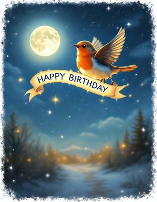 The primary subject of the image is a bird, specifically a robin, perched on a branch. The bird is surrounded by a beautiful and serene environment, with a snowy landscape and a moon in the background. The visual style of the image is a combination of digital art and illustration, creating a captivating and whimsical scene. The colors and mood of the image are predominantly white and blue, with a touch of warmth from the robin's red feathers, evoking a sense of tran