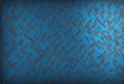 The primary subject of the image is a blue metal surface with a pattern of metal spikes. The setting is a close-up of the blue metal surface, which appears to be a metal wall or a metal floor. The visual style is a close-up of the metal surface, which gives a sense of depth and texture. The dominant colors are blue and silver, creating a cool and modern atmosphere.