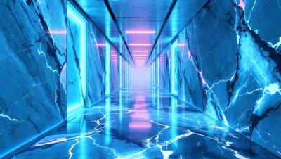 The primary subject of the image is a long, narrow hallway with a blue and white marble floor. The setting is a futuristic, high-tech environment, possibly a space station or a futuristic building. The visual style is a combination of photo and digital art, creating a unique and captivating atmosphere. The dominant colors are blue and white, with the blue marble floor and white walls creating a sense of depth and sophistication. The overall mood of the image is one of futuristic wonder and