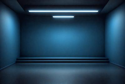 The primary subject of the image is a large, empty room with a blue wall. The setting is a dark room with a blue tint, and the visual style appears to be a black and white photo. The colors and mood of the image are predominantly dark and moody, with the blue wall and the overall atmosphere creating a sense of emptiness and solitude.