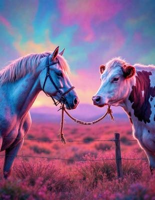 The primary subject of the image is a horse and a cow standing next to each other. The horse is on the left side of the image, while the cow is on the right side. The setting appears to be a field with a fence in the background. The visual style of the image is a combination of photo and digital art, creating a unique and artistic representation of the scene. The colors and mood of the image are predominantly pink, which gives the scene a warm and inviting atmosphere.