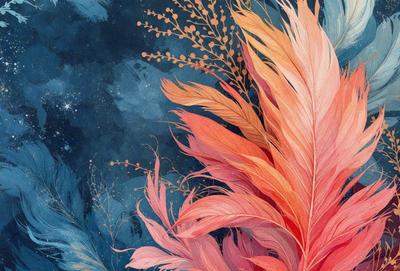 The primary subject of the image is a large, colorful feather. The feather is prominently displayed in the foreground, with a blue background. The visual style of the image is a combination of digital art and illustration, creating a vibrant and lively atmosphere. The dominant colors in the image are pink, orange, and blue, which contribute to the overall mood of the scene.