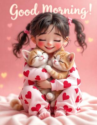 The image features a little girl wearing a pink outfit, holding two cats in her arms. The scene is set against a pink background, which adds a warm and cozy atmosphere to the image. The little girl appears to be enjoying her time with the cats, creating a heartwarming and adorable scene.