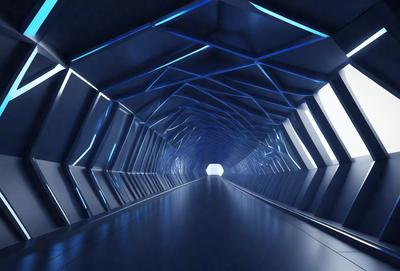The primary subject of the image is a long, narrow tunnel with a blue light illuminating it. The tunnel appears to be made of metal, and the lighting creates a sense of depth and atmosphere. The setting is a futuristic environment, possibly a space station or a high-tech facility. The visual style is a combination of digital art and illustration, with the tunnel's design and the blue light creating a unique and captivating scene. The colors and mood of the image are predominantly blue, which adds