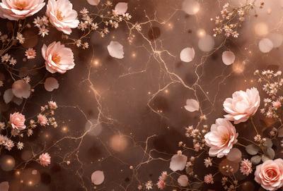 The primary subject of the image is a close-up of a flower, which is the main focus of the image. The setting is a background of a wall with a pattern of pink flowers and a brown surface. The visual style is a combination of a photo and digital art, creating a unique and artistic representation of the flower. The colors and mood of the image are predominantly pink, which gives it a warm and inviting atmosphere.