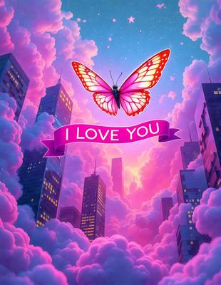 The primary subject of the image is a pink butterfly flying in the sky. The setting is a cityscape with tall buildings and a cloudy sky. The visual style is a digital art or illustration, creating a whimsical and dreamy atmosphere. The dominant colors are pink and purple, which contribute to the overall mood of the image.