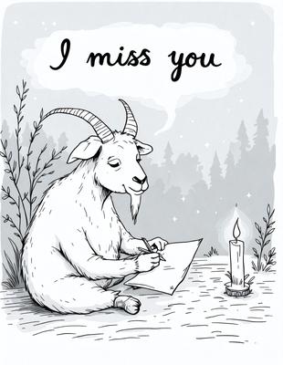 The primary subject of the image is a goat sitting on the ground and writing on a piece of paper. The goat is surrounded by a forest setting, which serves as the background. The visual style of the image is a hand-drawn illustration, giving it a unique and artistic appearance. The colors in the image are predominantly shades of brown and green, creating a warm and natural atmosphere.