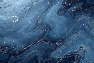 The primary subject of the image is a blue marble surface with a swirling pattern. The setting is a dark background, which contrasts with the blue marble. The visual style is a close-up of the marble, showcasing its intricate design. The colors and mood of the image are predominantly dark and moody, with the blue marble being the main focal point.