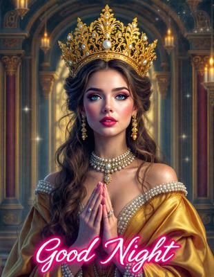 Primary subject: A woman wearing a crown and a necklace, praying.

Setting/background: A castle-like setting with a glowing background.

Visual style: Digital art.

Colors and mood: The image is in color, with a warm and elegant atmosphere.