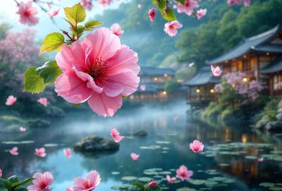 The primary subject of the image is a pink flower, which is prominently displayed in the foreground. The setting is a serene pond with a mountainous background, creating a picturesque and peaceful atmosphere. The visual style of the image is a combination of photo and digital art, giving it a unique and artistic appearance. The dominant colors in the image are pink and blue, with the pink flower being the focal point of the scene.