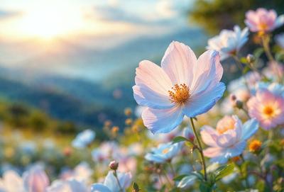 The primary subject of the image is a beautiful white flower with a yellow center, sitting in a field of white flowers. The setting is a lush green hillside, with a mountainous background. The visual style is a realistic, natural scene, with the flower and its surroundings captured in detail. The colors and mood of the image are predominantly white and pastel, creating a serene and peaceful atmosphere.