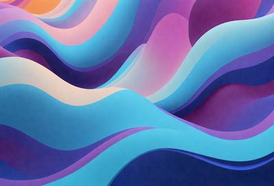 The primary subject of the image is a large, colorful painting of a wave. The setting is a wall, and the visual style appears to be a digital art or illustration. The dominant colors in the painting are blue, purple, and orange, creating a vibrant and lively atmosphere.