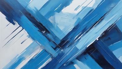 The primary subject of the image is a painting featuring a blue and white color scheme. The setting is a white wall, and the visual style appears to be a mix of digital art and illustration. The painting creates a sense of depth and complexity, with the blue and white colors evoking a sense of calmness and tranquility.