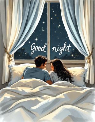 The primary subject of the image is a man and a woman lying in bed together. They are positioned close to each other, with the woman on the right side of the bed and the man on the left. The setting is a bedroom, with a window visible in the background. The visual style is an illustration, depicting a warm and intimate moment between the couple. The colors and mood of the image are warm and inviting, with the couple's closeness and the cozy bedroom environment creating a sense