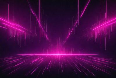 The primary subject of the image is a pink light show, which appears to be a digital art or illustration. The setting is a dark room, and the visual style gives the impression of a futuristic or psychedelic atmosphere. The dominant colors are pink and purple, creating a vibrant and energetic mood.