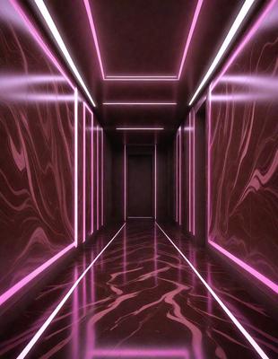 The primary subject of the image is a hallway with a marble floor. The setting is a dark room with a pink glow, creating a unique and visually striking atmosphere. The visual style is a combination of photo and digital art, giving the scene a surreal and futuristic appearance. The dominant colors are pink and purple, which contribute to the overall mood of the image.