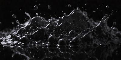 The primary subject of the image is a close-up of a black and white photo of a splashing water surface. The setting is a dark background, which contrasts with the bright and dynamic water droplets. The visual style is a black and white photo, giving it a classic and timeless appearance. The colors and mood of the image are predominantly black and white, with the water droplets being the main focus and source of visual interest.