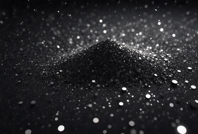 The primary subject of the image is a black substance, possibly a powder or a small pile of black sand, with a few specks of white. The setting is a dark background, which contrasts with the black substance. The visual style appears to be a close-up of the black substance, possibly a photo or a digital artwork. The colors and mood of the image are predominantly dark, with the black substance and the white specks adding a touch of contrast and interest to the scene.