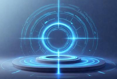 The primary subject of the image is a blue circle with a hole in the center. The circle is placed on a blue surface, which appears to be a digital art or illustration. The visual style of the image suggests that it is a digital creation, possibly a futuristic or technological scene. The dominant colors in the image are blue and white, creating a calm and futuristic atmosphere.