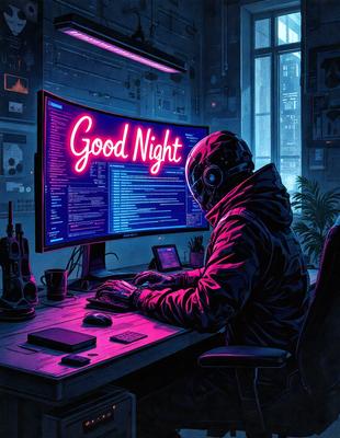 The primary subject of the image is a man sitting at a desk in front of a computer. He is wearing a hooded jacket and a mask, which gives the scene a mysterious and futuristic vibe. The man is using a computer mouse and typing on a keyboard, likely working or browsing the internet.

The setting is an office or workspace, with a large computer monitor on the desk and a potted plant nearby. The visual style of the image is a combination of digital art and illustr